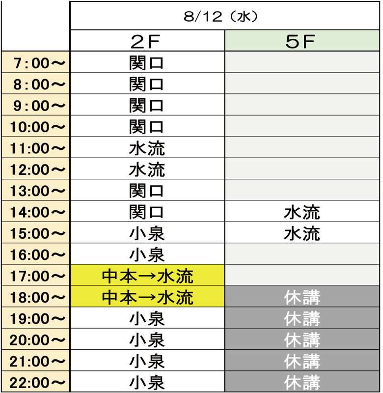 講師変更時間割8/12